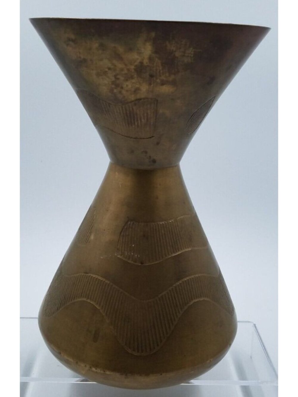 Vintage Sarna Brass Spittoon Vase India Hourglass Shaped Etched 9" Collectible